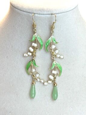 Bellflower Green Enamel Leaf Drop Earrings